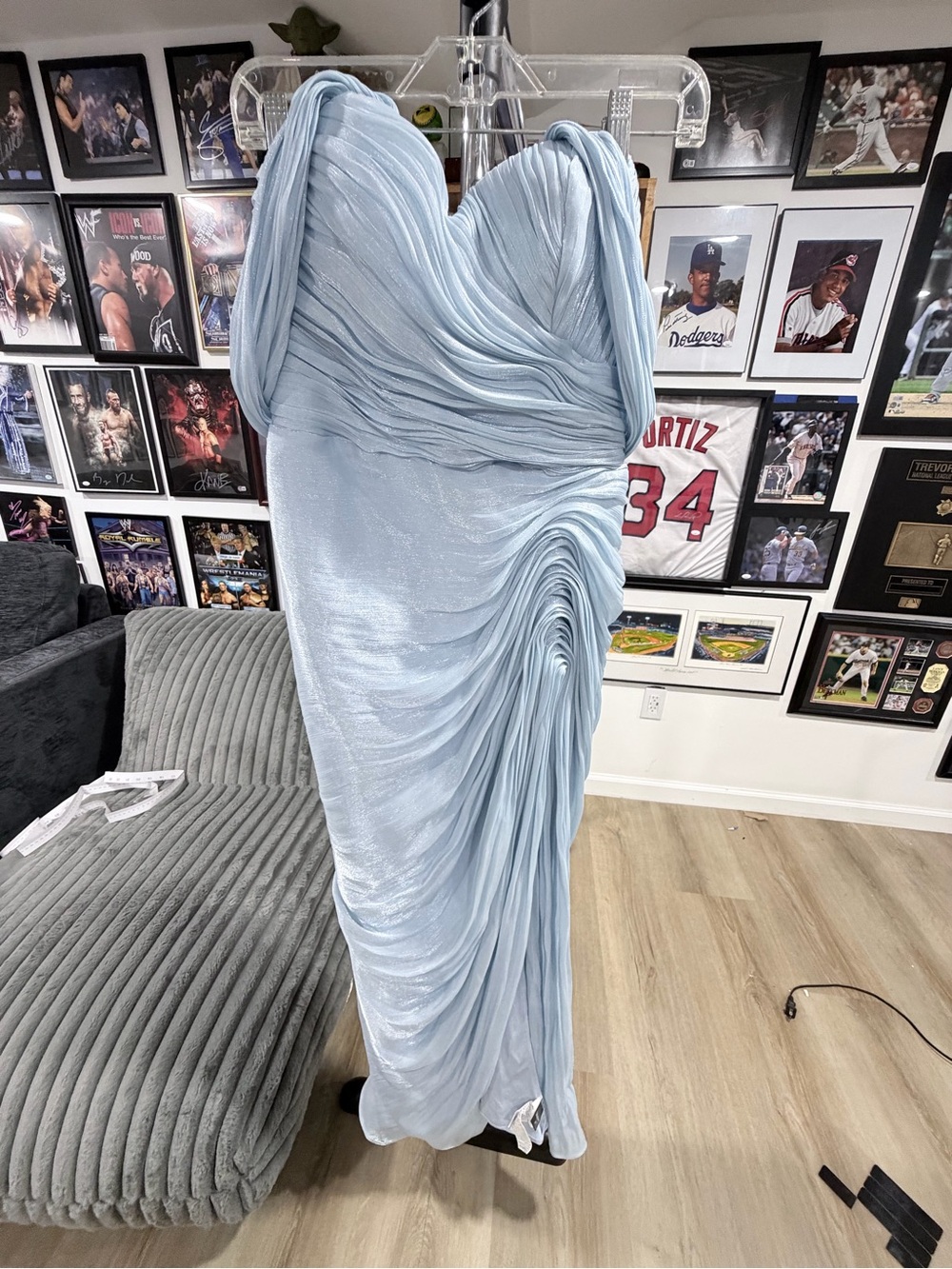 SHEIN Light Blue Ruched Draped Maxi Gown